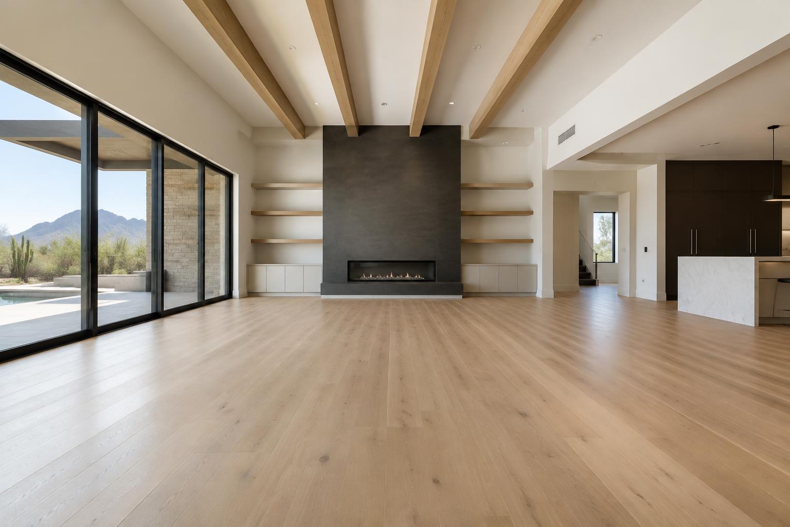 Natural white oak hardwood flooring installed across a refined contemporary living space