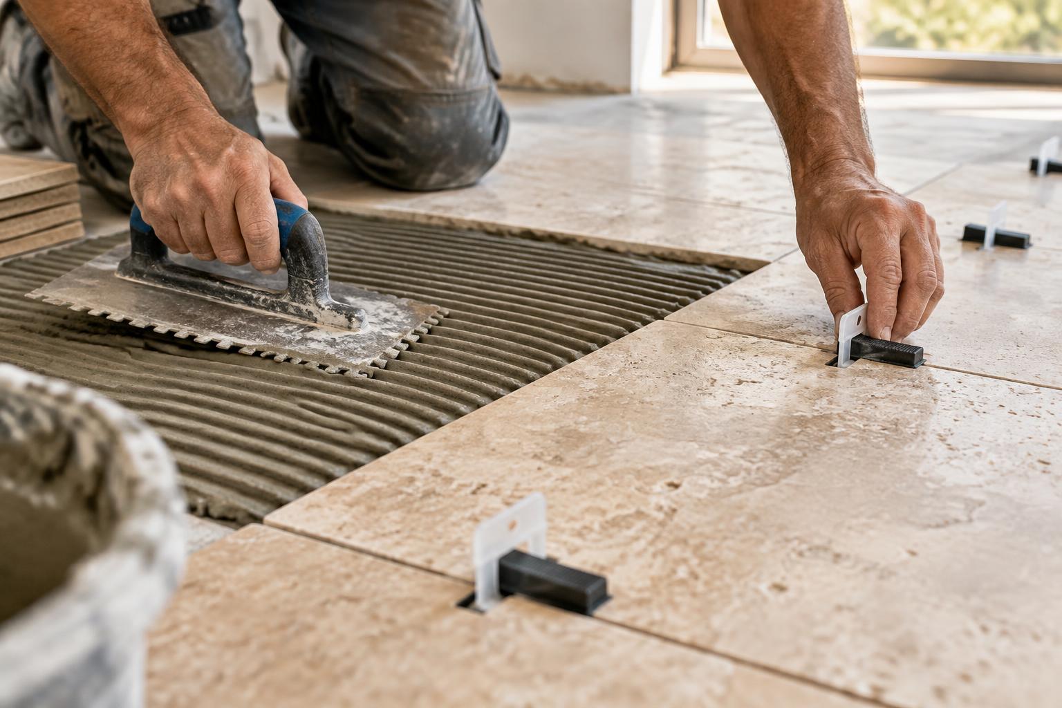 Hands setting travertine tile with a trowel and leveling clips on a prepared floor